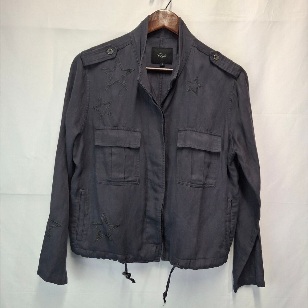 Rails Rowen Utility Jacket Star Embroidered Lyocell Linen Small S Grey Gray